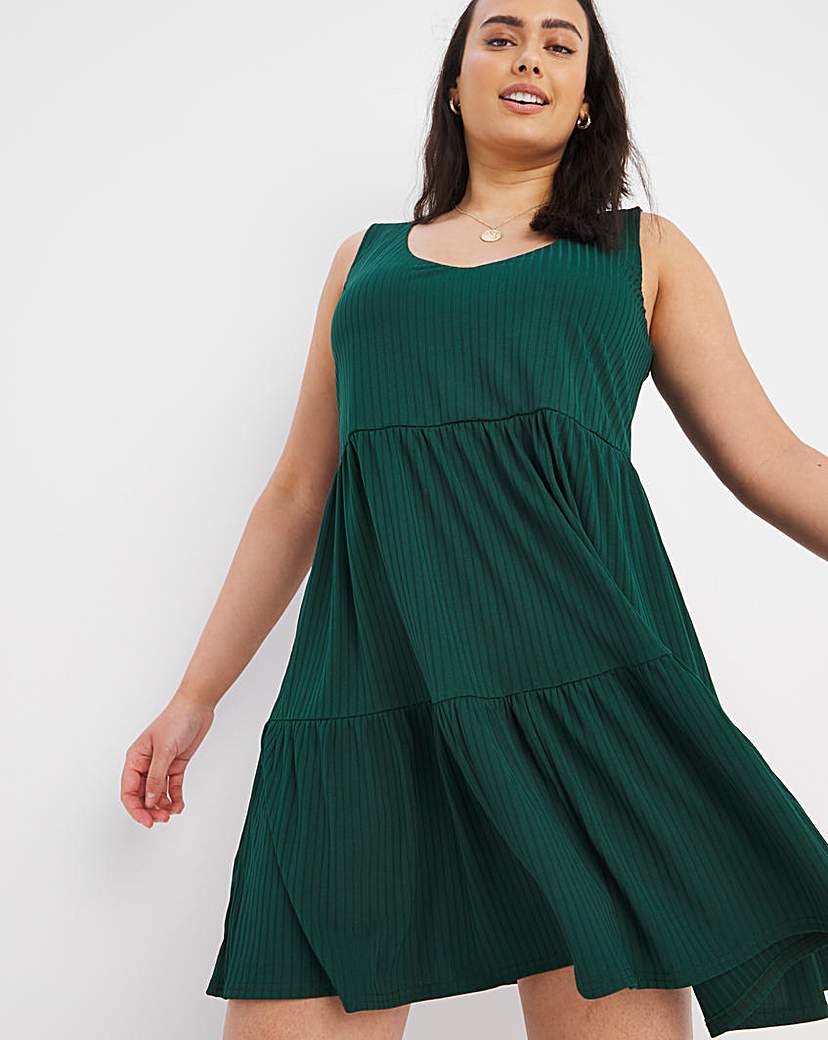 Ribbed V Neck Tiered Smock Dress