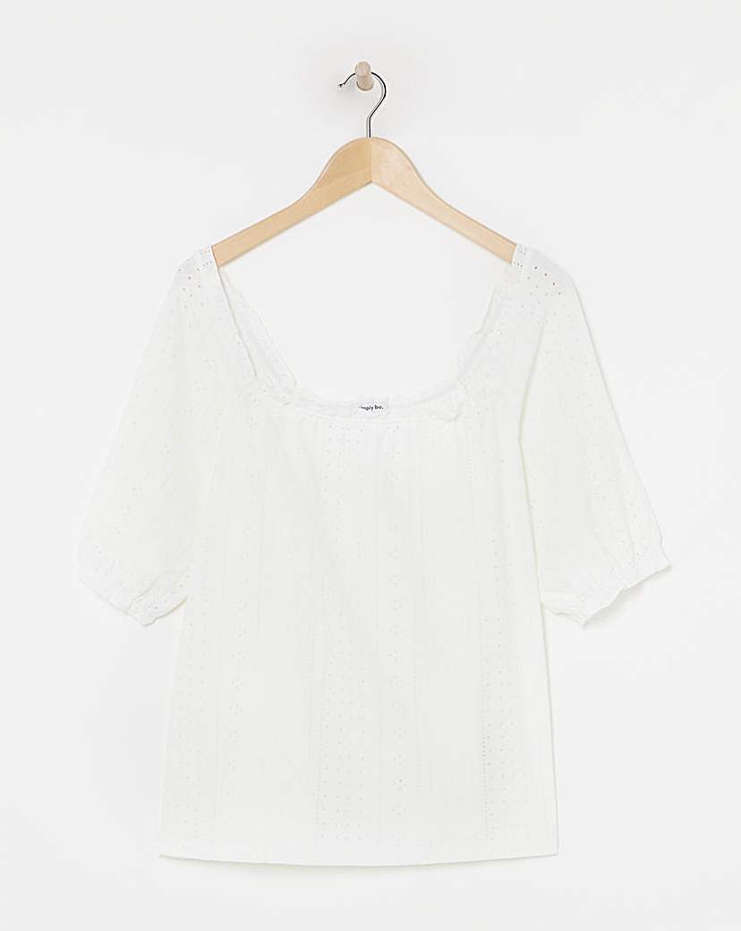White Jersey Broderie Square Neck Top