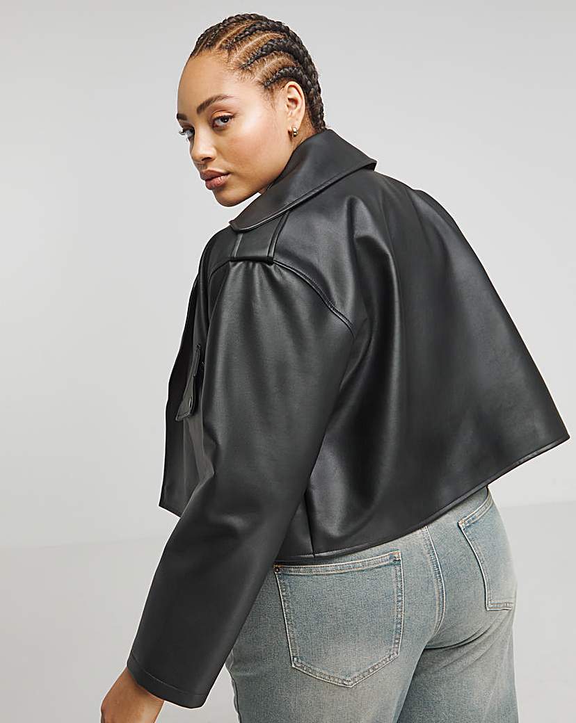 Black Cropped Faux Leather Trench