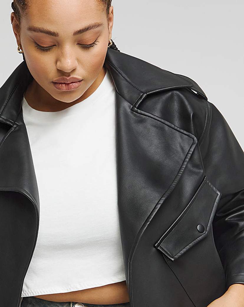Black Cropped Faux Leather Trench