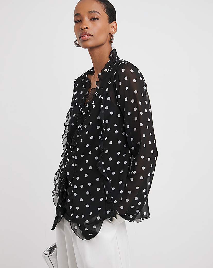 Black Spot Tie Detail Ruffle Blouse