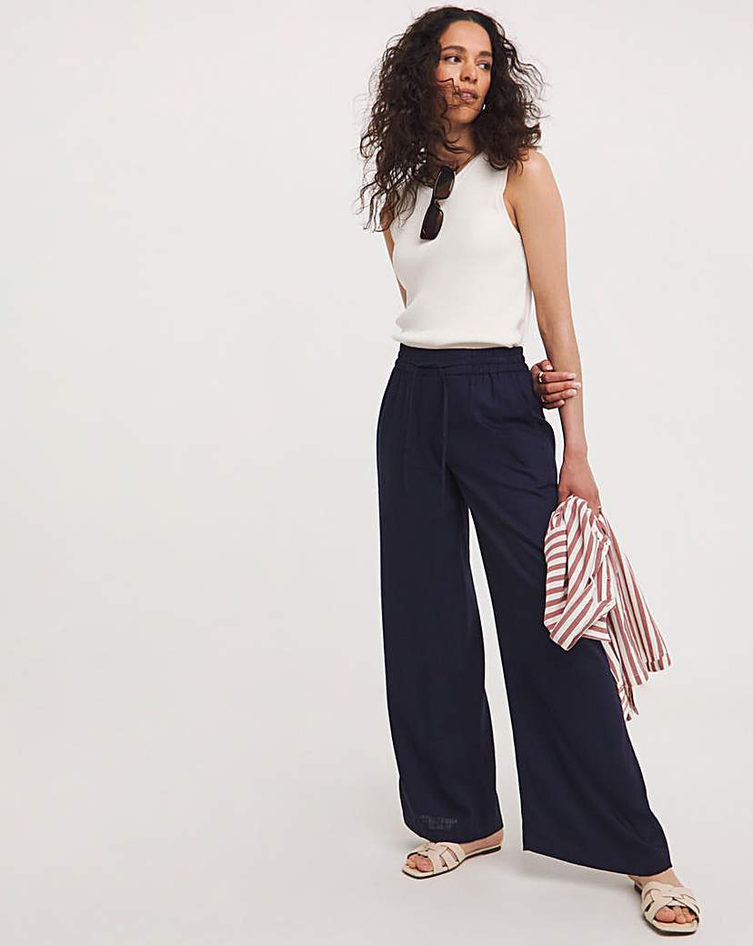 Navy Linen Mix Wide Leg Trousers