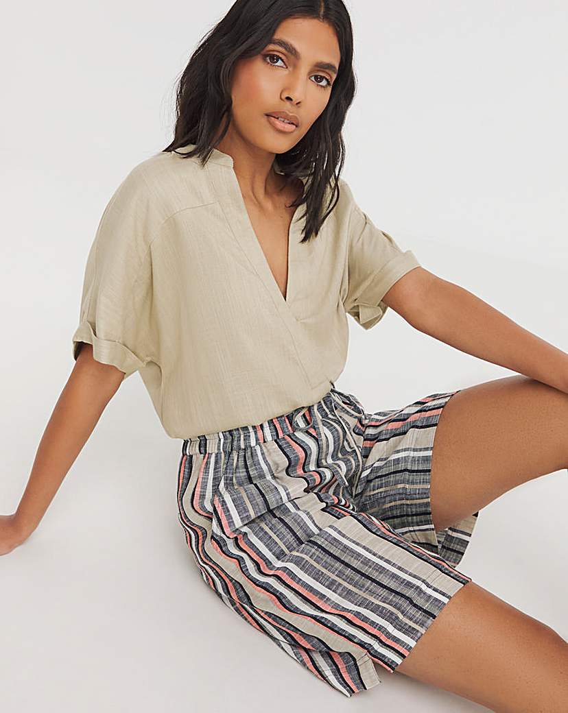 Stripe Linen Mix Knee Length Shorts