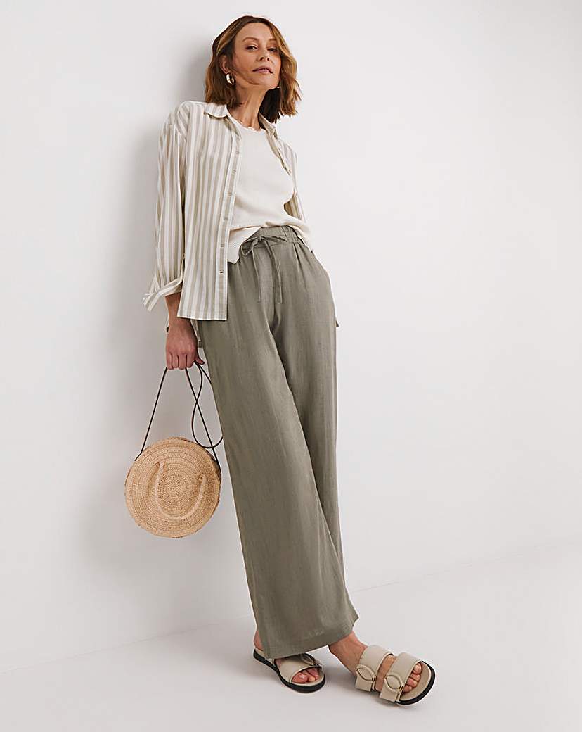 Khaki Linen Mix Wide Leg Trousers