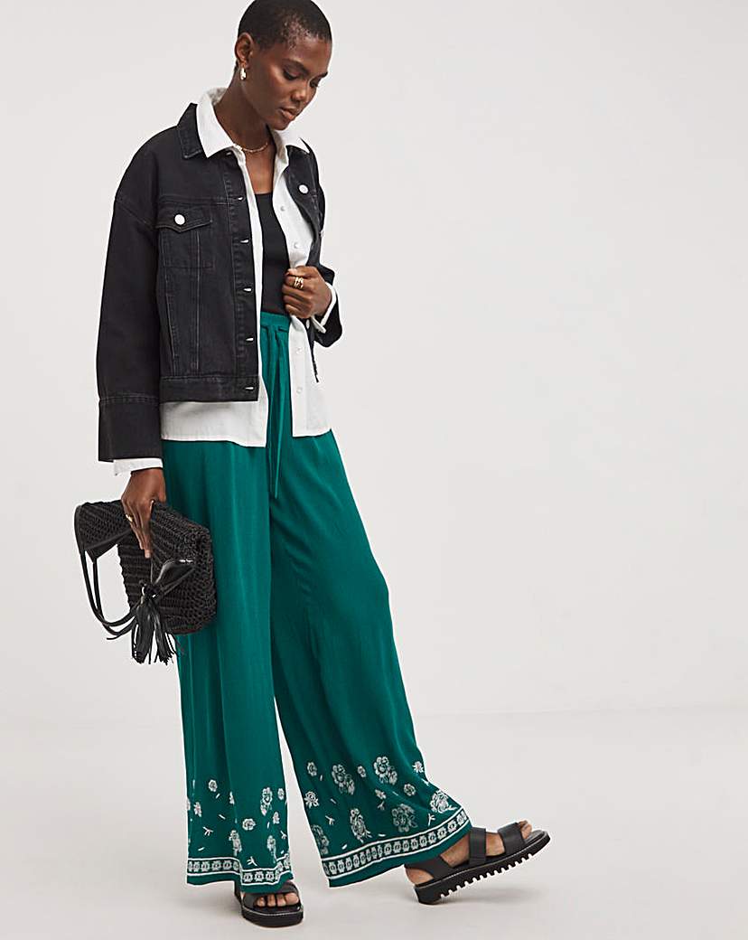 Embroidered Hem Wide Leg Trousers