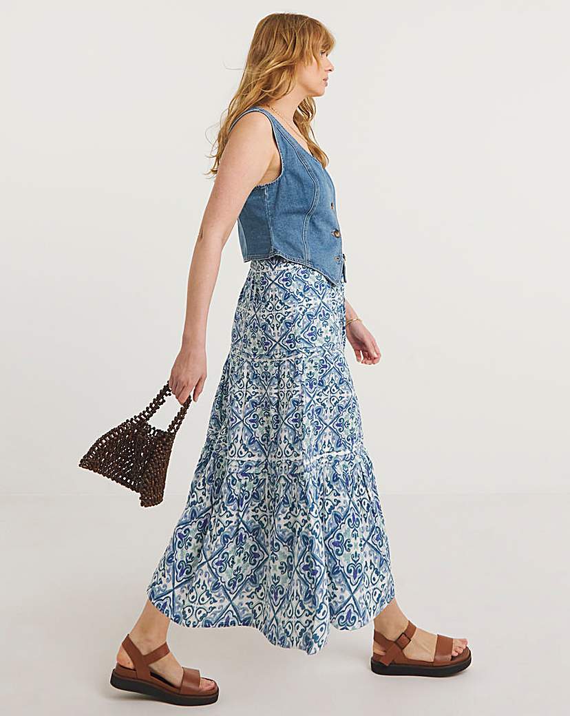 Blue Print Cheesecloth Tiered Midi Skirt