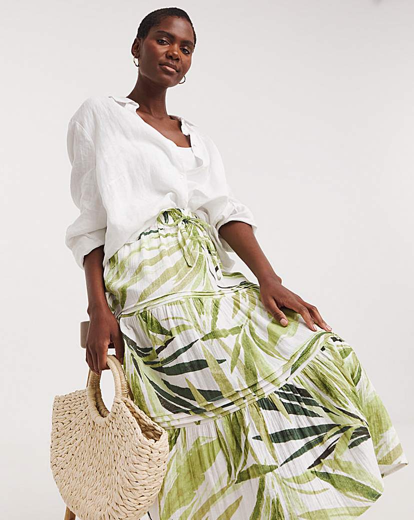 Green Palm Print Cheesecloth Midi Skirt