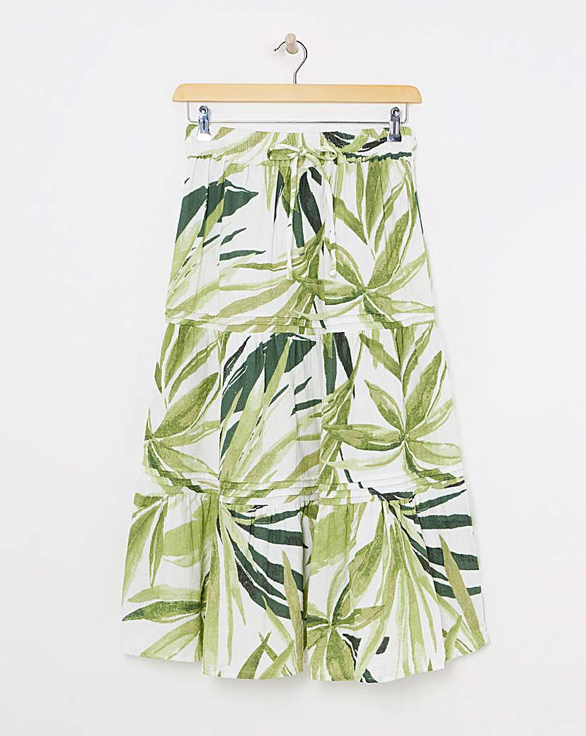 Green Palm Print Cheesecloth Midi Skirt