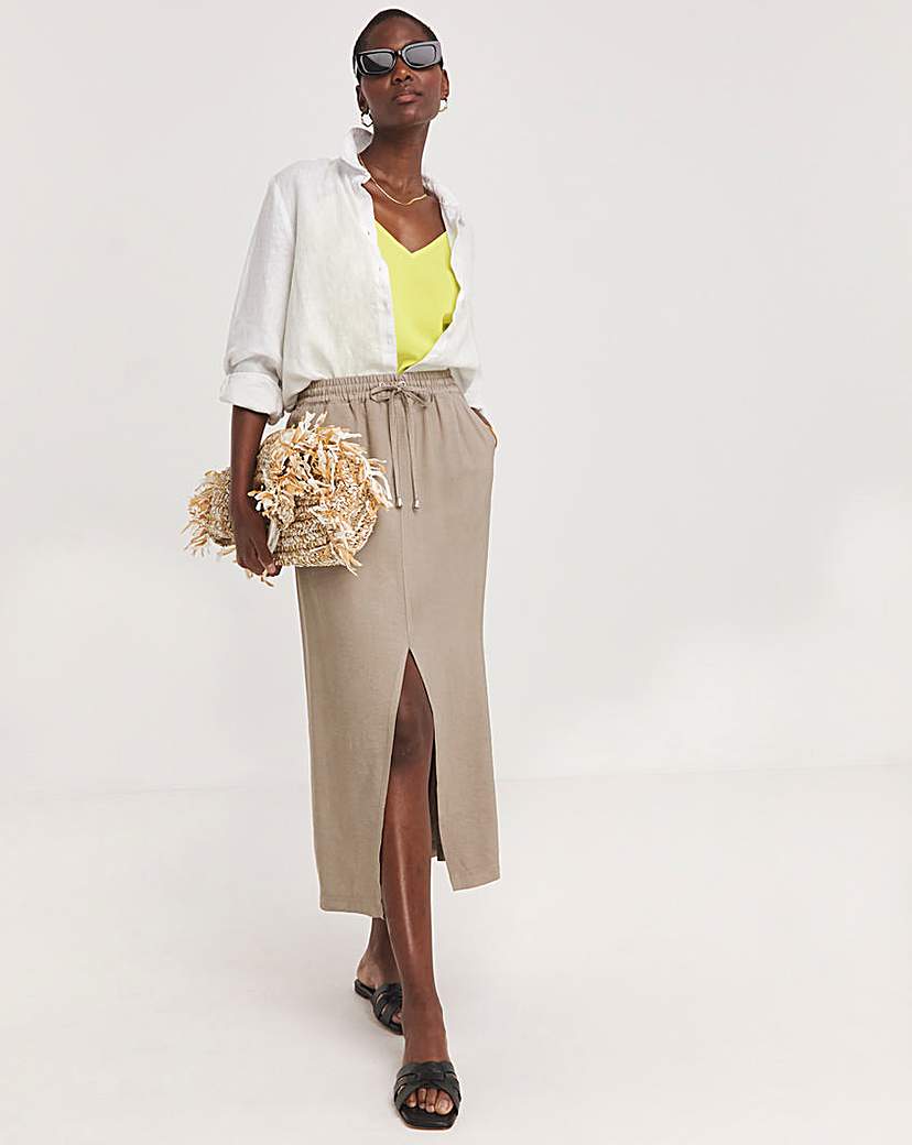 Taupe Soft Pull On Midi Column Skirt