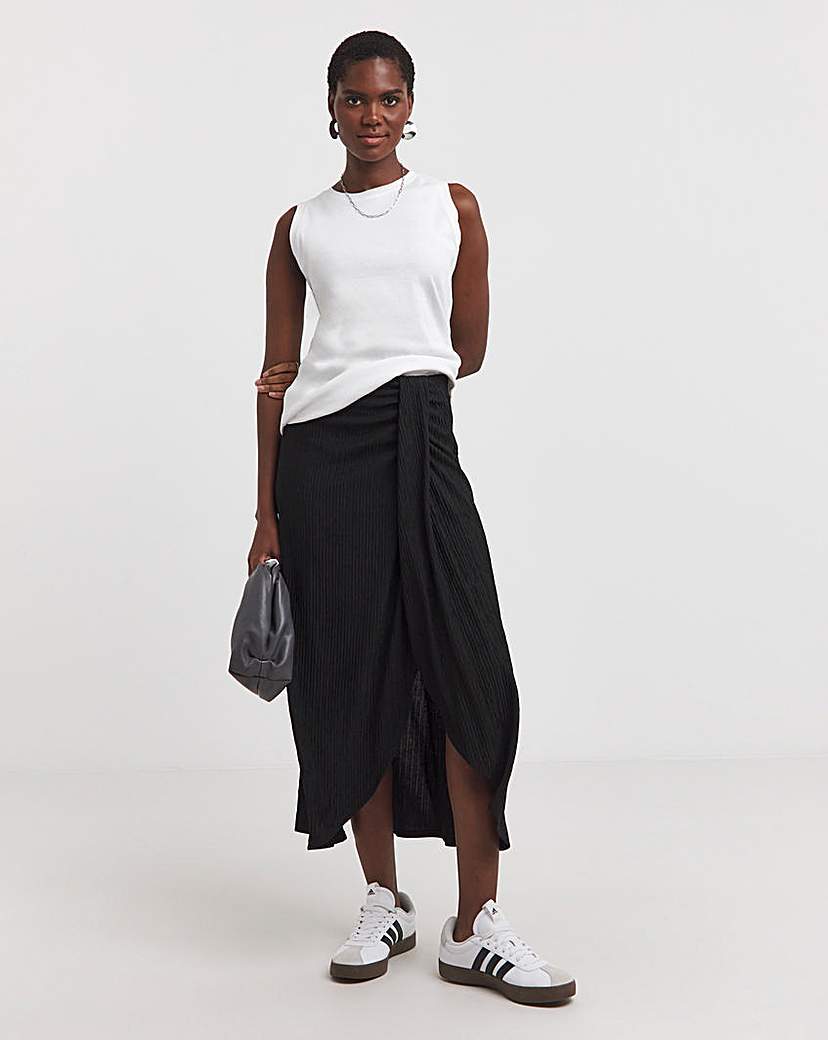 Black Crinkle Midi Wrap Skirt