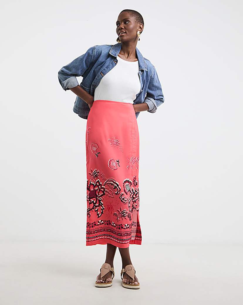 Border Print Midi Wrap Skirt