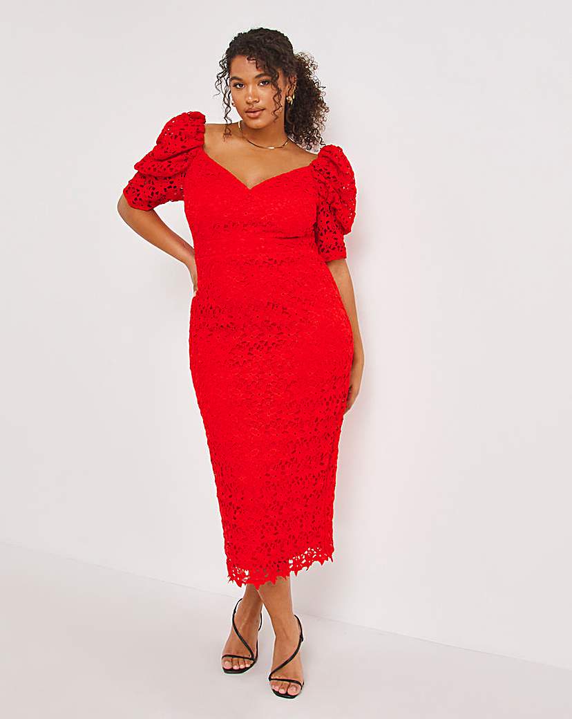 Chi Puff Sleeev Lace Midi Dress