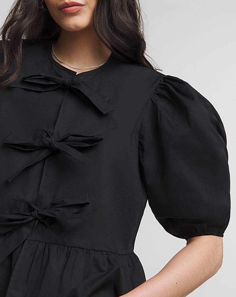 Tie Front Puff Sleeve Smock Top