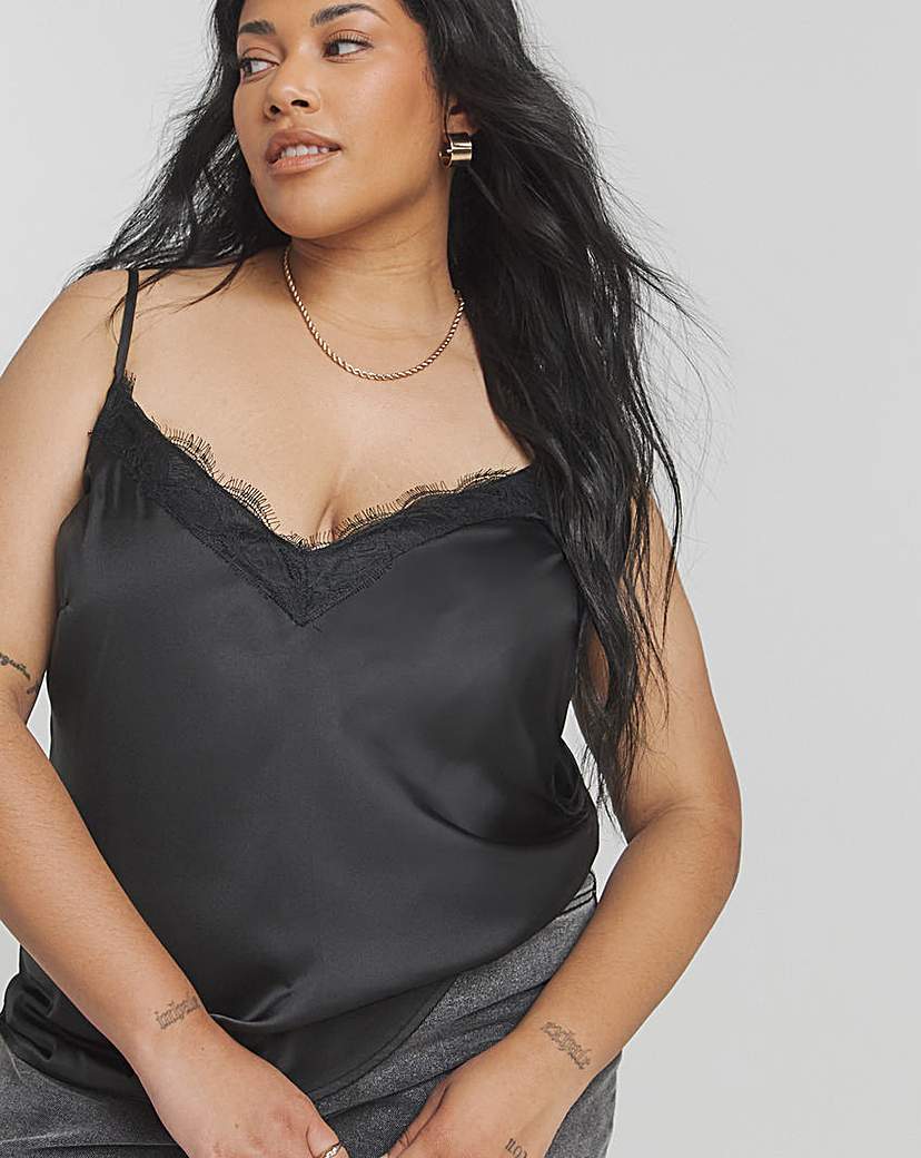 Black Lace Trim Satin Cami