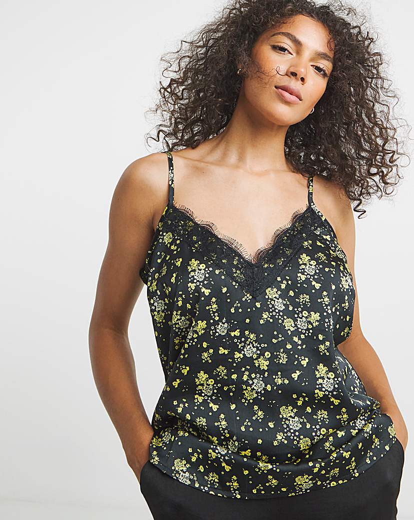 Yellow Ditsy Lace Trim Satin Cami