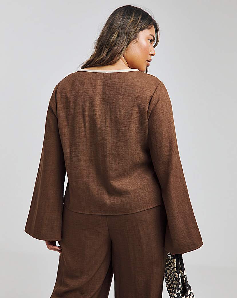 Contrast Trim Tie Front Blouse