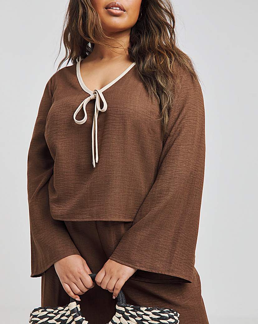 Contrast Trim Tie Front Blouse