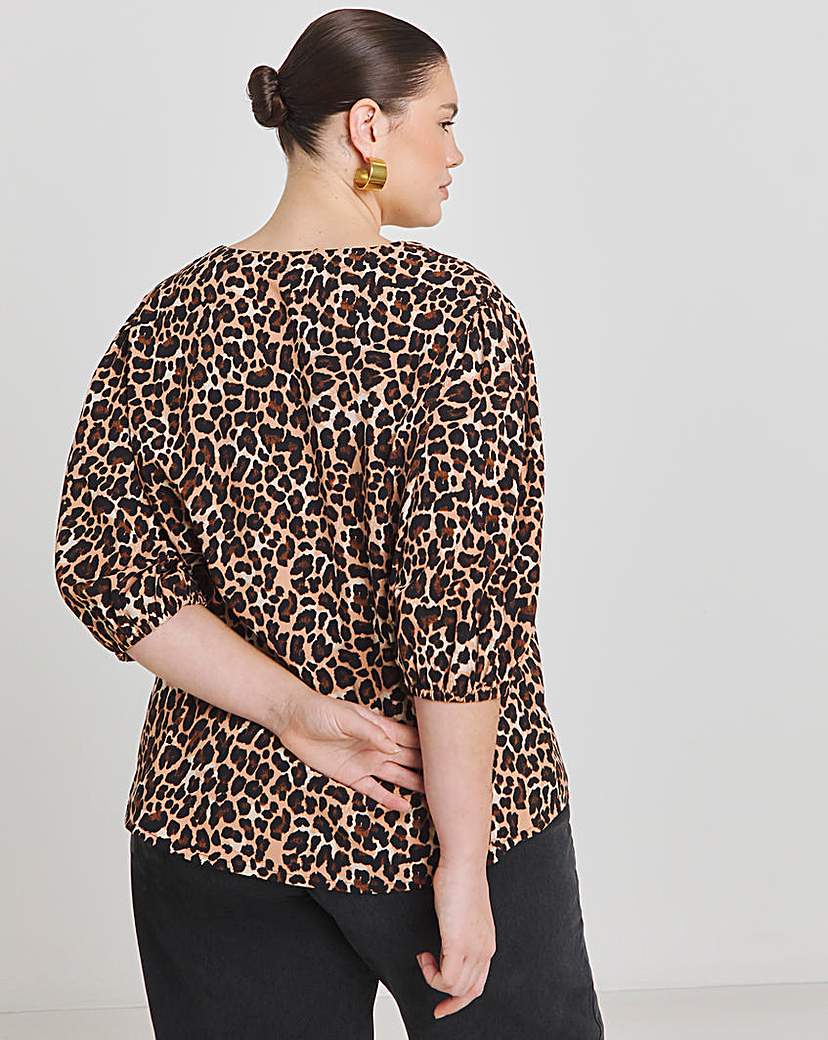 Leopard V Neck Puff Sleeve Blouse