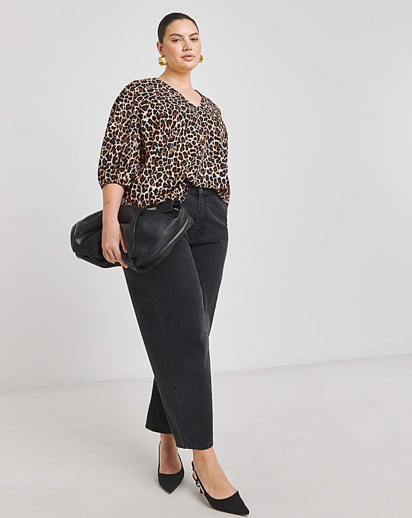 Leopard V Neck Puff Sleeve Blouse