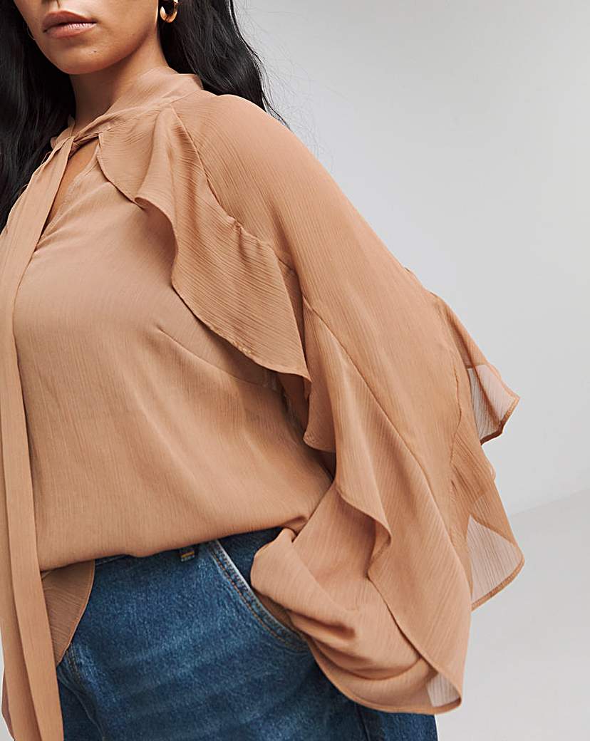 Tie Neck Sheer Frill Cuff Blouse