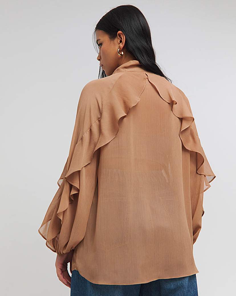 Tie Neck Sheer Frill Cuff Blouse