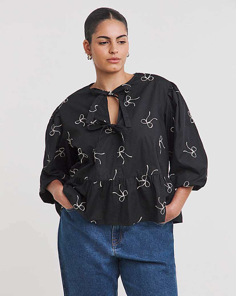 Embroidered Bow Front Blouse