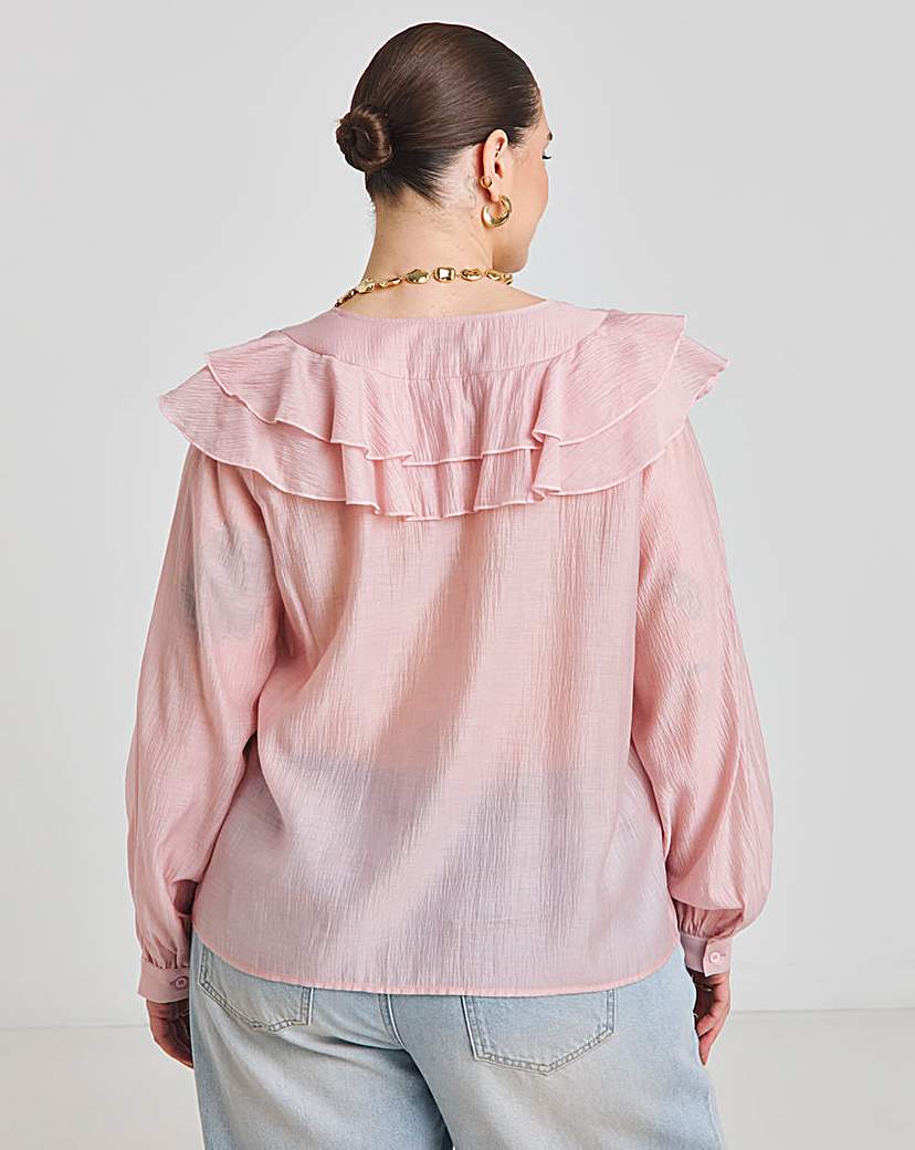 Blush Ruffle Sheer V Neck Blouse