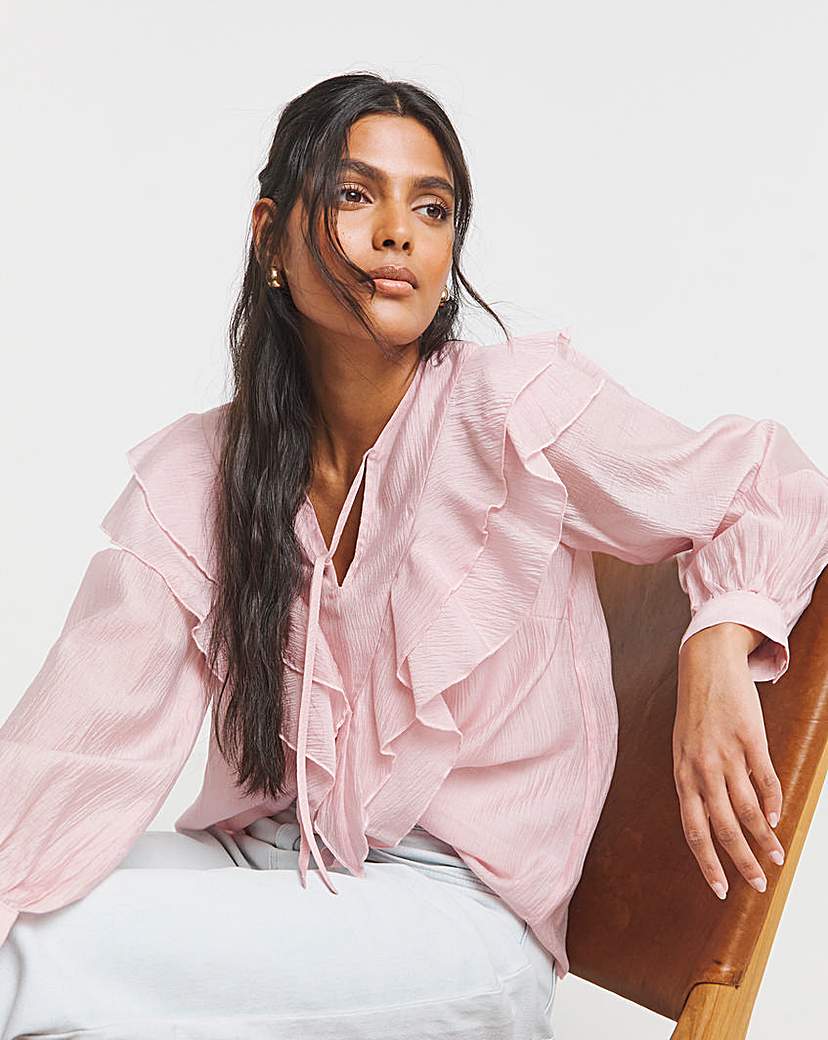 Blush Ruffle Sheer V Neck Blouse