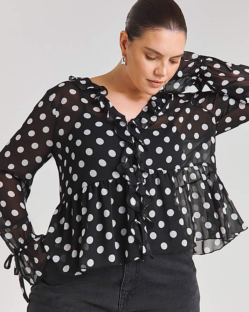 Spot Print Ruffle Front Blouse