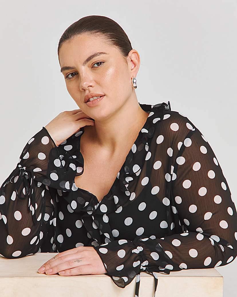 Spot Print Ruffle Front Blouse