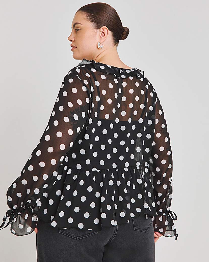 Spot Print Ruffle Front Blouse