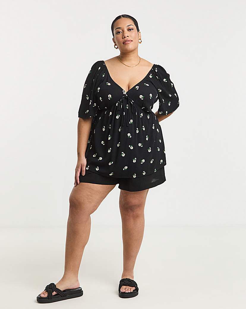 Black Ditsy Crinkle Short Sleeve Blouse