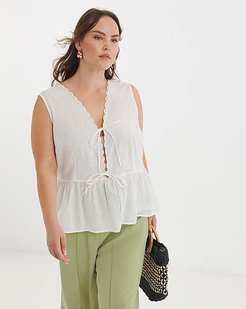 White Tie Front Cami With Scallop Edge