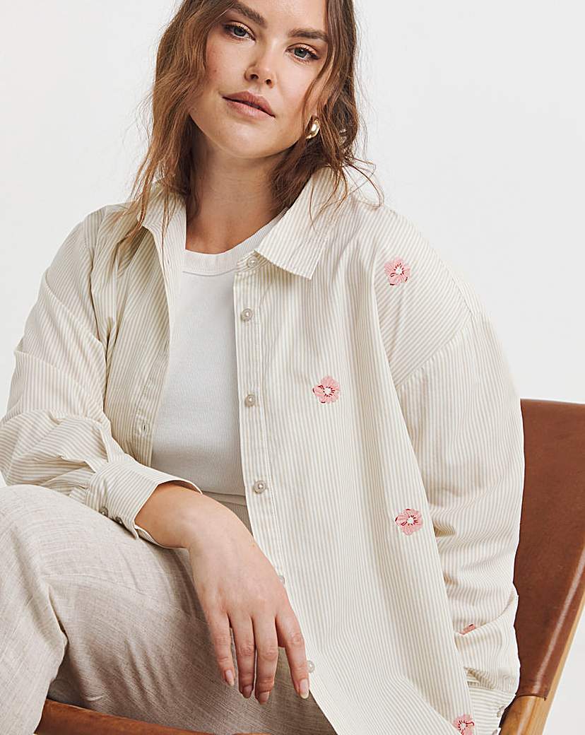New In - Flower Embroidered Stripe Shirt