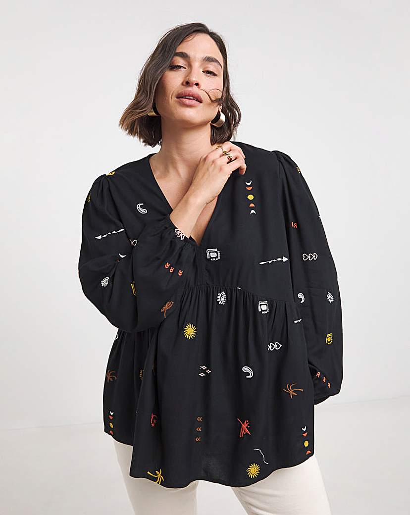 New In - Embroidered V Neck Long Sleeve Blouse