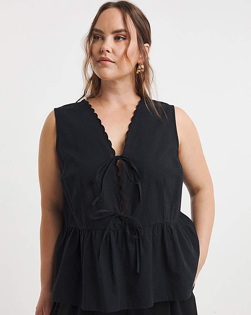 New In - Black Tie Front Cami With Scallop Edge