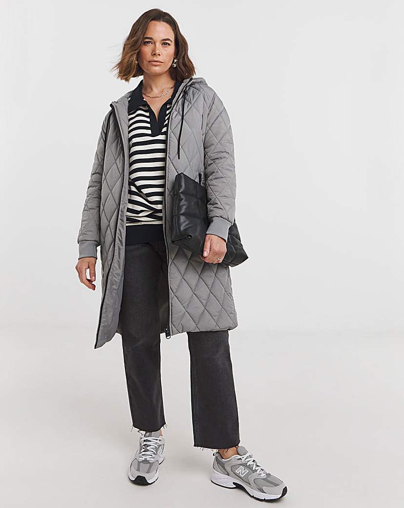 Grey Mid Length Quilted Coat