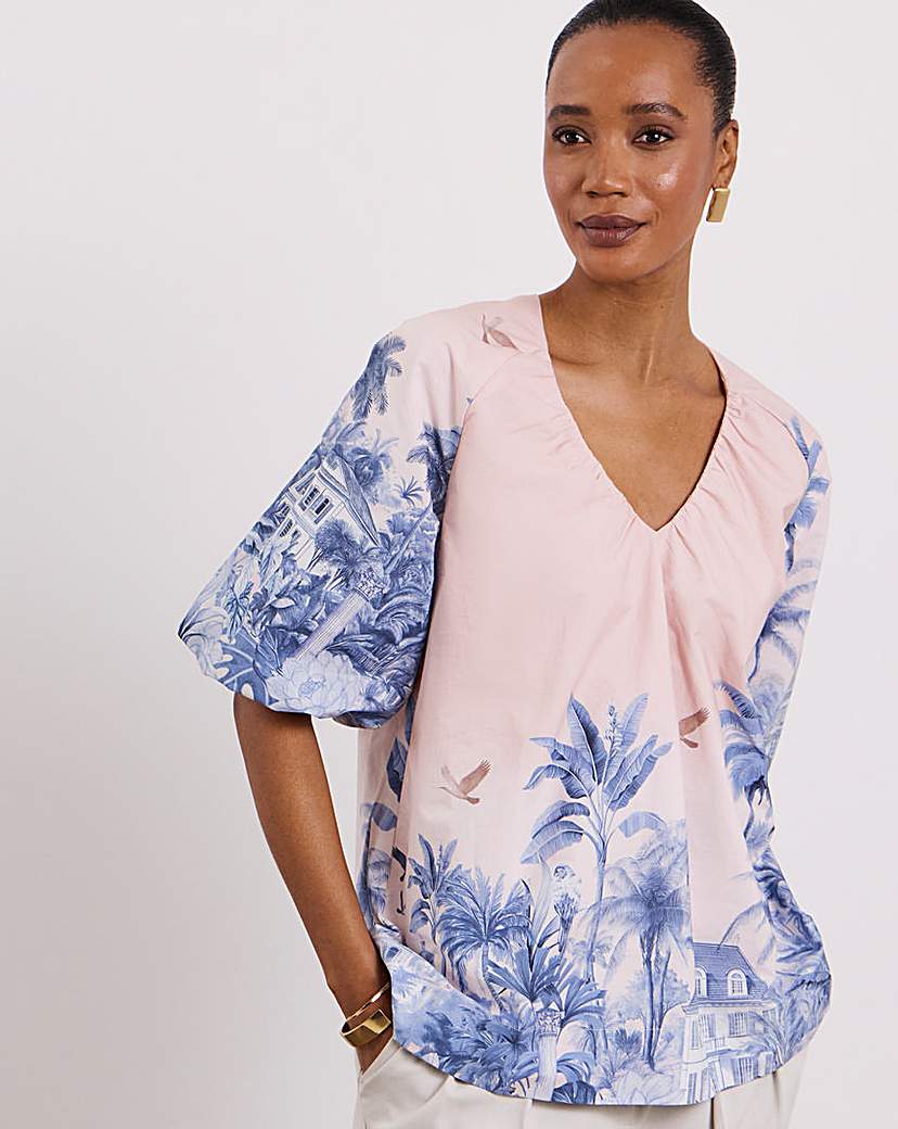 Joanna Hope Cotton Volume Blouse Blue Floral …