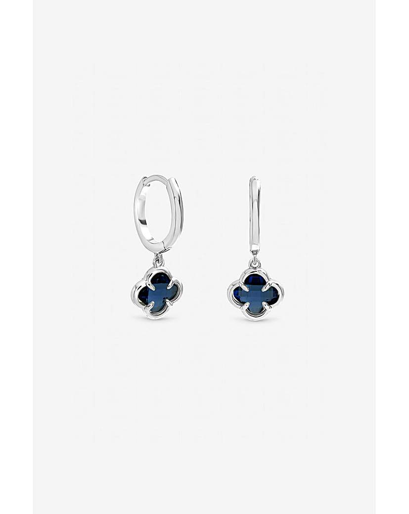 Silver Sapphire Clover Charm Hoops