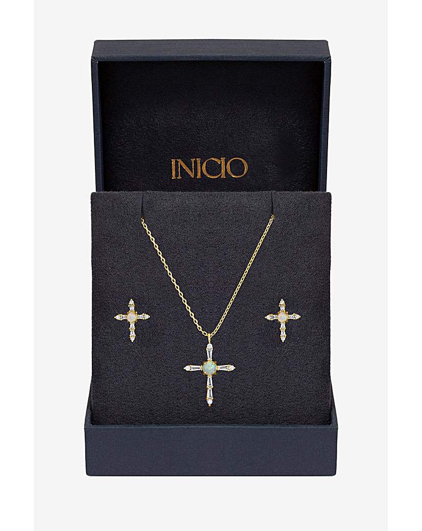 14K Gold CZ & Opal Cross Set