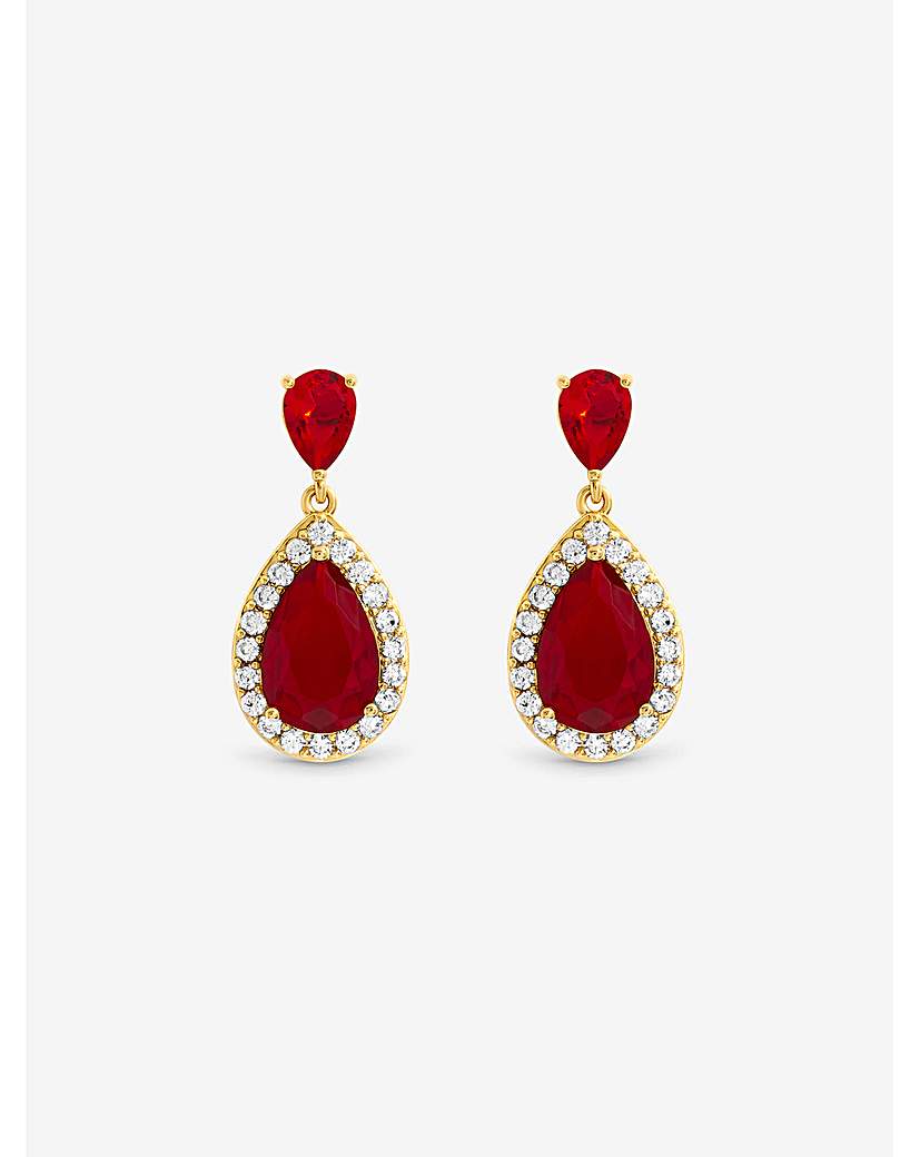 Gold CZ Ruby Pear Earrings