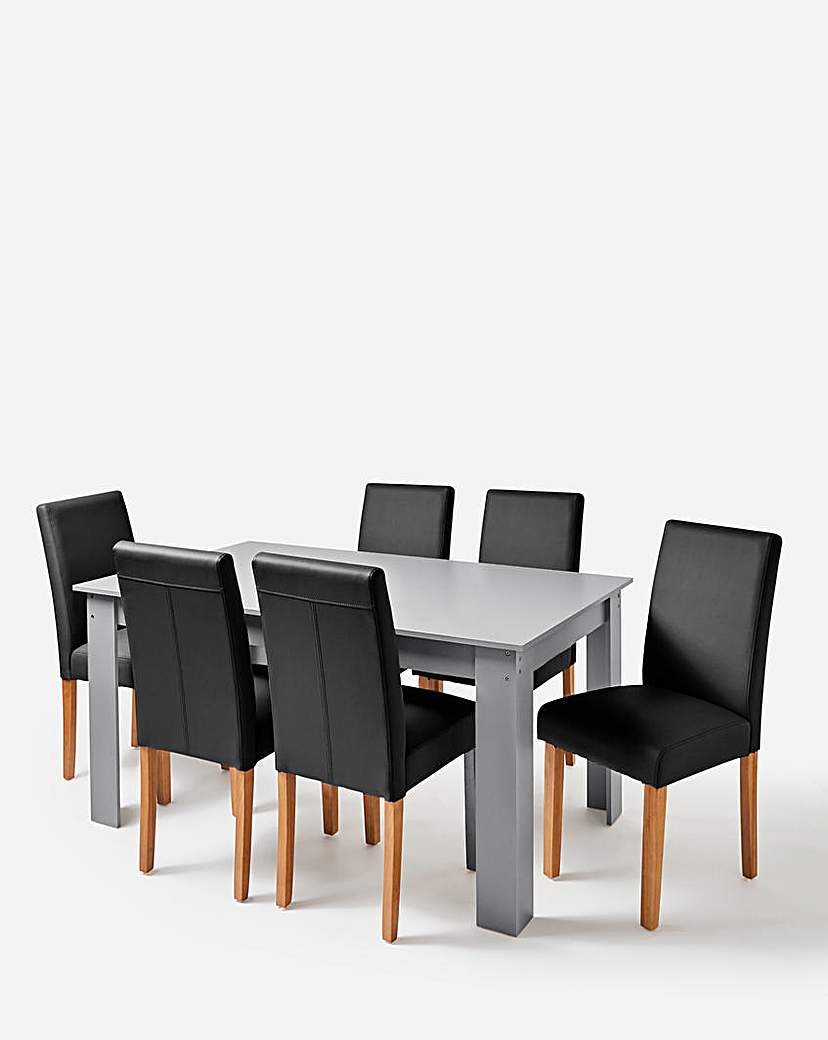 Dakota Table with 6 Ava Leather Chairs - Grey/Black