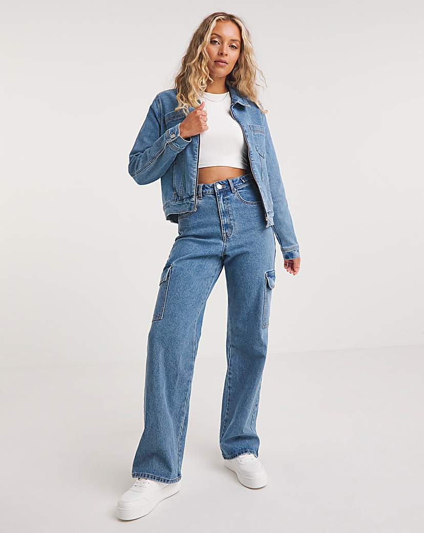 Blue High Rise Straight Leg Denim Cargo - Bright Blue