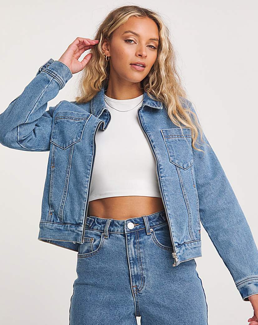 Zip Front Bright Blue Denim Jacket
