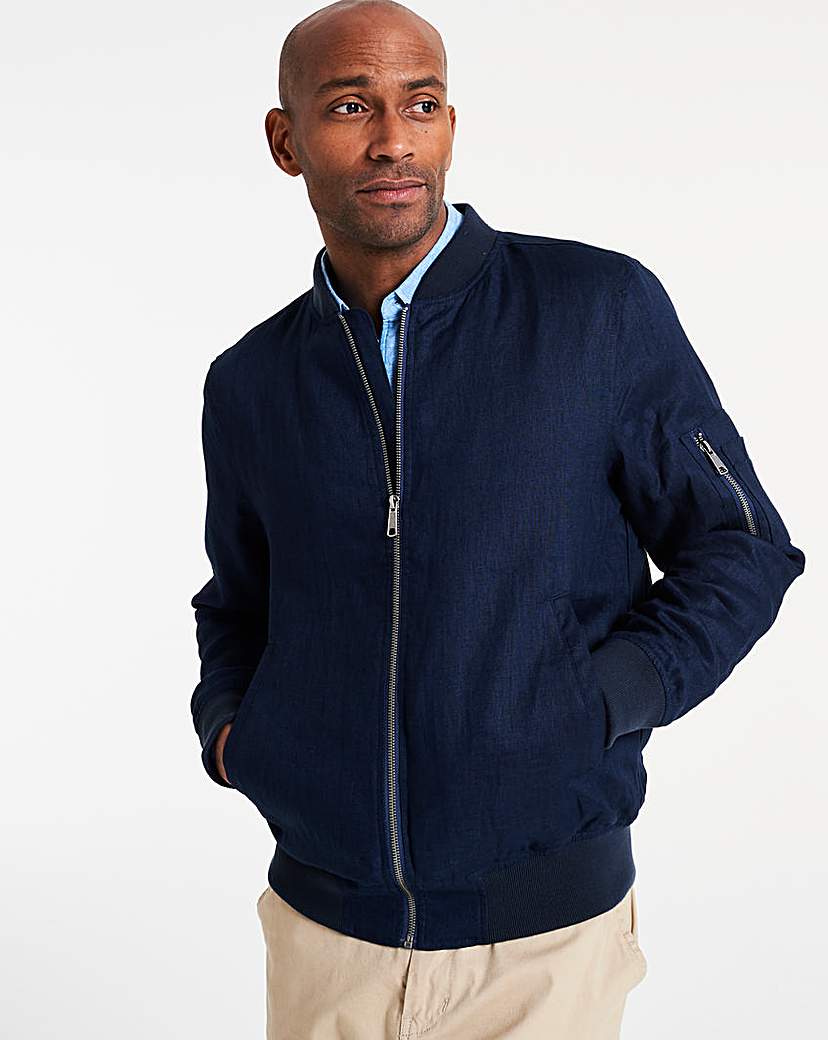 Image of Navy Linen Bomber Jacket Regular
