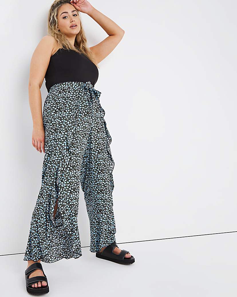 Ditsy Print Tie Front Ruffle Trousers