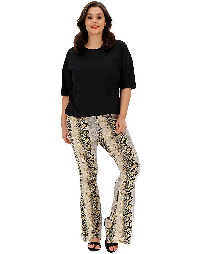 Image of Brown Snake Print Flared Jersey Trousers