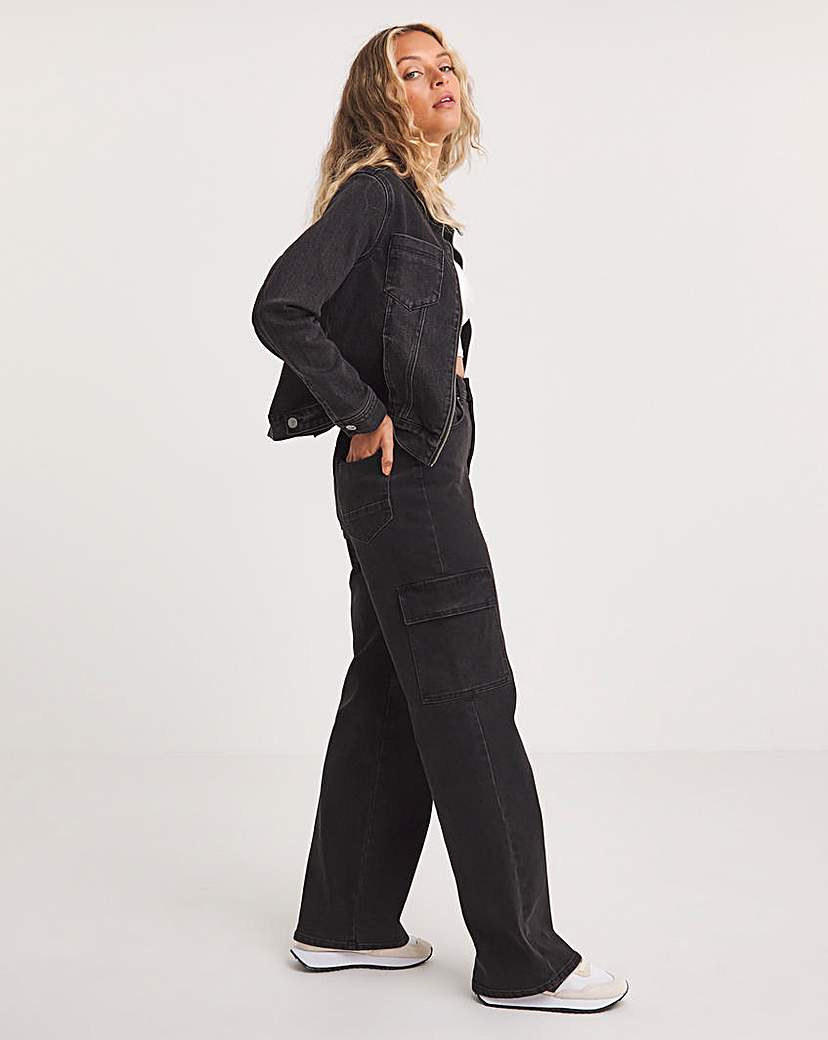 Black High Rise Straight Leg Denim Cargo - Washed Black