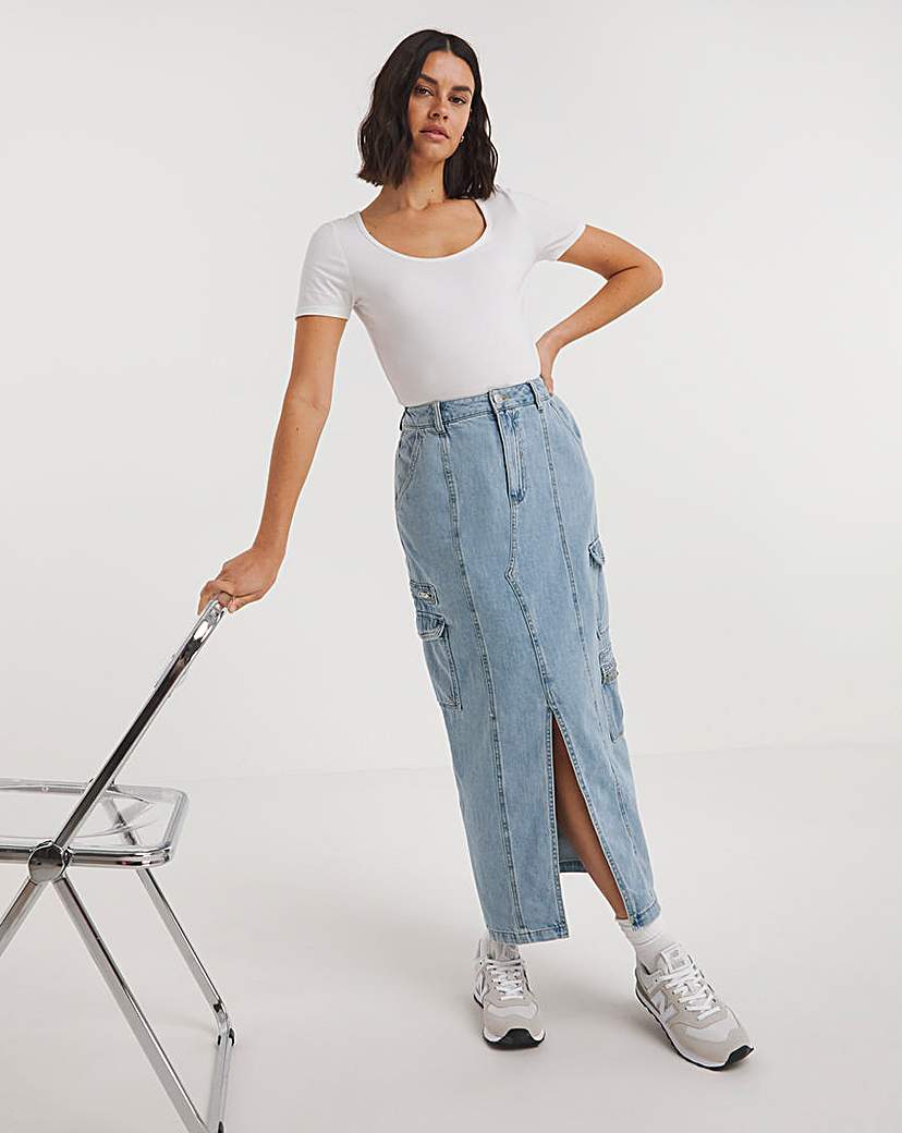 Light Blue Denim Cargo Maxi Skirt