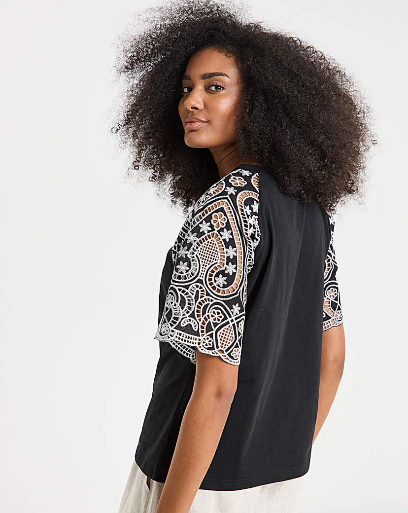 Contrast Broderie Raglan Sleeve T-Shirt